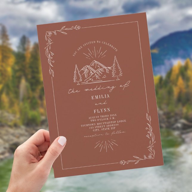 Line Art Woodland Mountain Terracotta Wedding Invitation (Creator Uploaded)