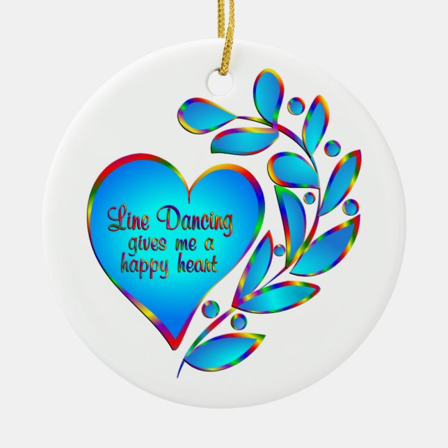 Line Dancing Happy Heart Ceramic Tree Decoration (Front)