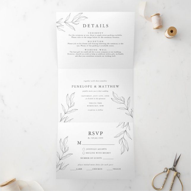 Line Drawing Foliage Leaf All In One Invitation (Inside)