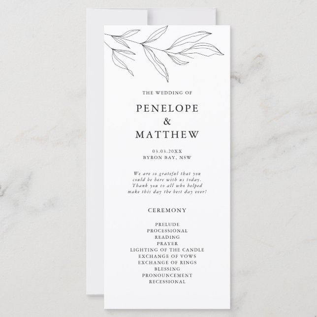 Line Drawing Foliage Leaf Wedding Ceremony Program (Front)