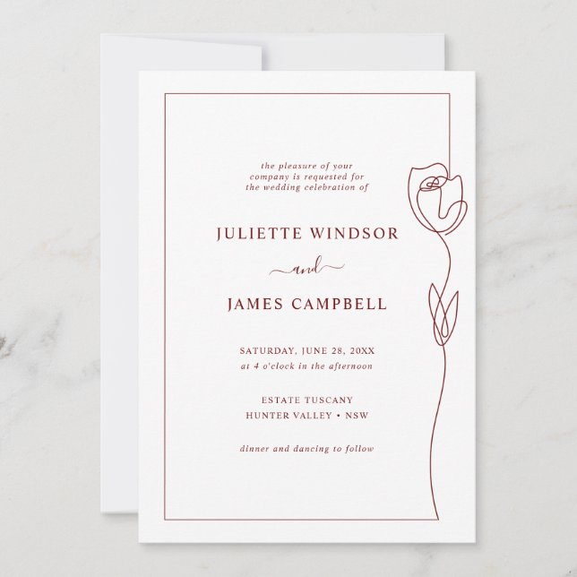 Line Drawing Rose Flower Wedding Invitation (Front)