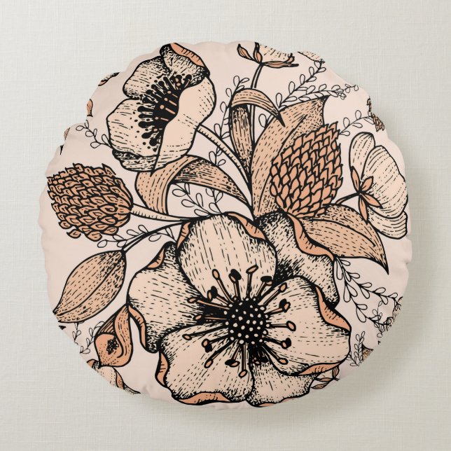 Line drawing seamless pattern. Light colours. Vint Round Cushion (Front)