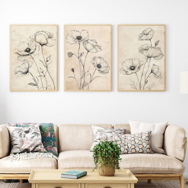 Line Drawn Black Wildflowers on Beige Sepia Tone (Line drawn black on beige wildflowers, set of 2 or 3 poster prints.)