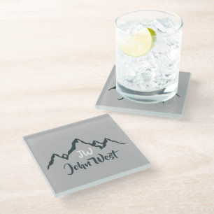 Line drawn mountain range personalizable monogram glass coaster