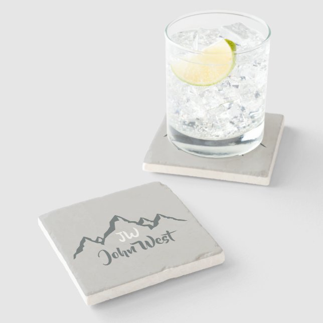 Line drawn mountain range personalizable monogram stone coaster (Side)