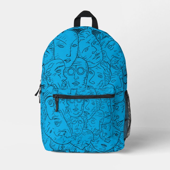 Line face blue colour design  printed backpack (Front)