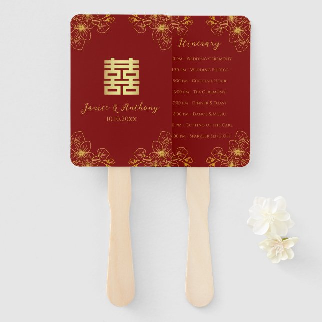 Line floral cherry blossom Chinese wedding program Hand Fan (Front and Back)