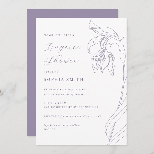 Line flower Lavender Lingerie Shower Invitation (Front/Back)