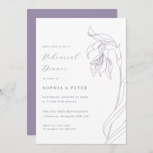 Line flower lavender Rehearsal Dinner Invitation (Front/Back)