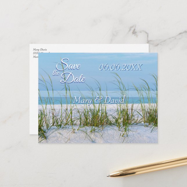 Line Of Sea Oats In White Sand Save The Date Postcard (Front/Back In Situ)
