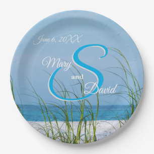 Line Of Sea Oats In White Sand Wedding Paper Plate