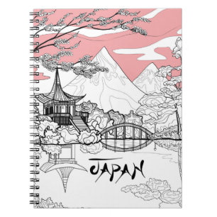 Line Painting of Japanese Temple Lake Mountain Notebook