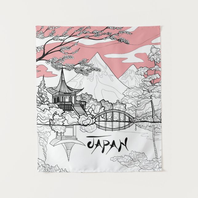 Line Painting of Japanese Temple Lake Mountain Tapestry (Front)