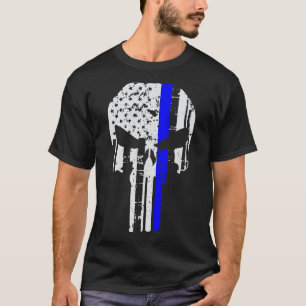 Line Police Blue Support Patriotic Skull American T-Shirt