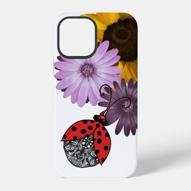 Line tangle ladybug with realistic flowers iPhone case (Back)