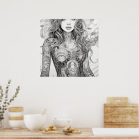 Lineal Art Drawing Woman's Body Poster