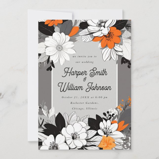 Lineart floral black, white, orange wedding invitation (Front)