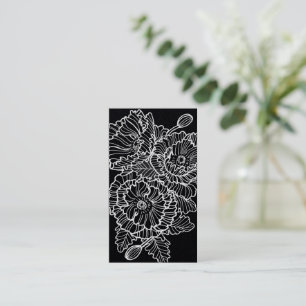 Lineart flowers poppies white on black business card