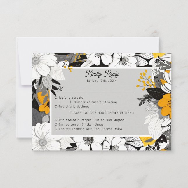 Lineart monochrome flowers meal choices RSVP card (Front)