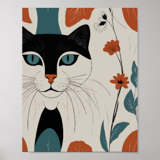 Lined Cat with colourful flowers Poster