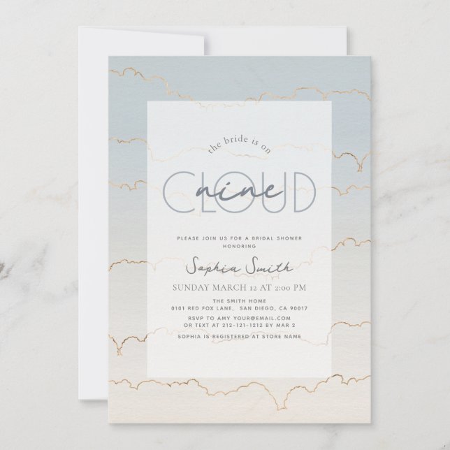 Lined Cloud 9 Blue Sky Watercolor Bridal Shower Invitation (Front)