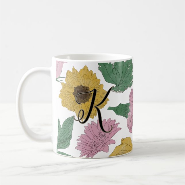 Lined Flowers Monogram Coffee Mug (Left)