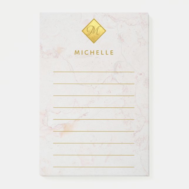 Lined Marble Gold Monogram Golden Name White Post-it Notes (Front)