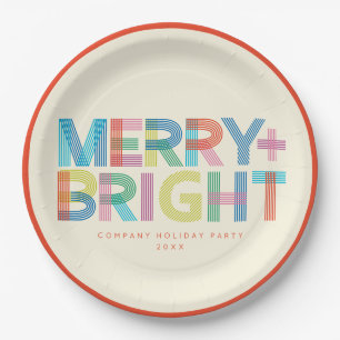 Lined Merry + Bright holiday typography Paper Plate