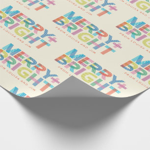 Lined Merry + Bright holiday typography Wrapping Paper
