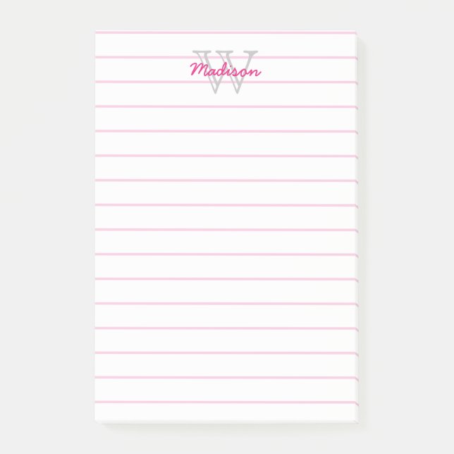 Lined Monogrammed Pink & White Post-it Notes (Front)