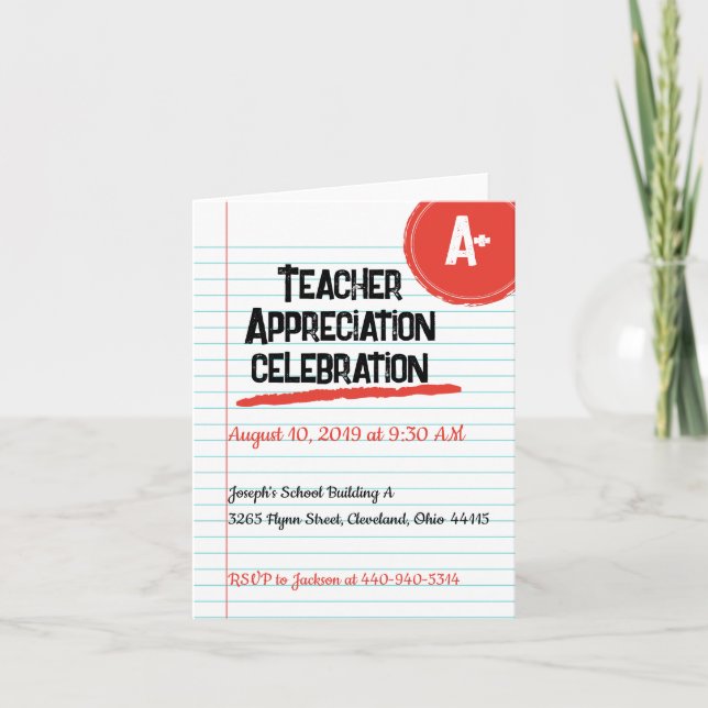 Lined Paper Teacher Appreciation Folded Invitation (Front)