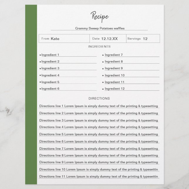 Lined Recipe Pages Green in letter format Fillable (Front)