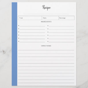Lined Recipe Pages in Blue letter format