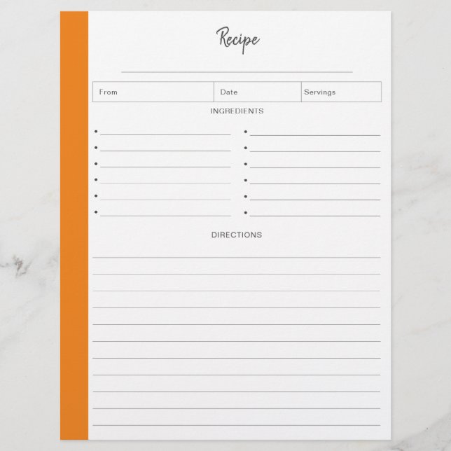 Lined Recipe Pages in Orange letter format (Front)