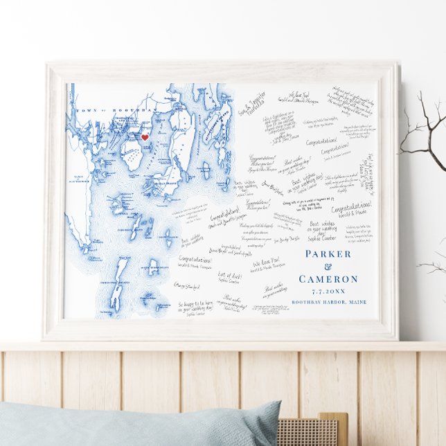 Linekin Bay Resort Wedding Blue Guest Book Poster (Linekin Bay Resort Wedding Alternative Guest Book Poster in elegant navy blue by Coastal Map Designs)