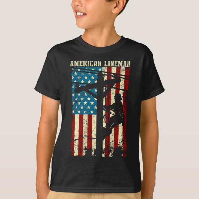 Lineman American flag Electric Cable gift Patrioti T-Shirt (Front)