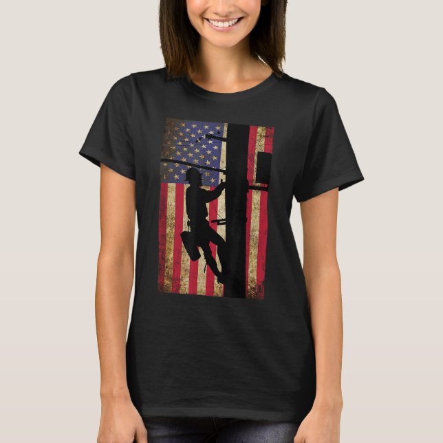 Lineman American Flag Electric Cable Lineman Gift T-Shirt (Front)