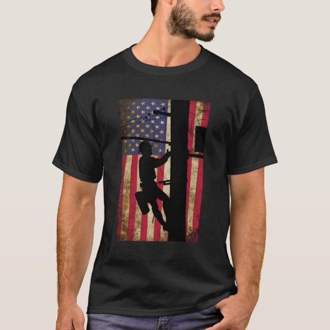 Lineman American Flag Electric Cable Lineman Gift T-Shirt (Front)
