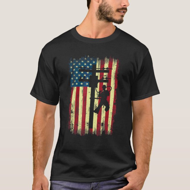 Lineman American Flag  Electric Cable Lineman T-Shirt (Front)