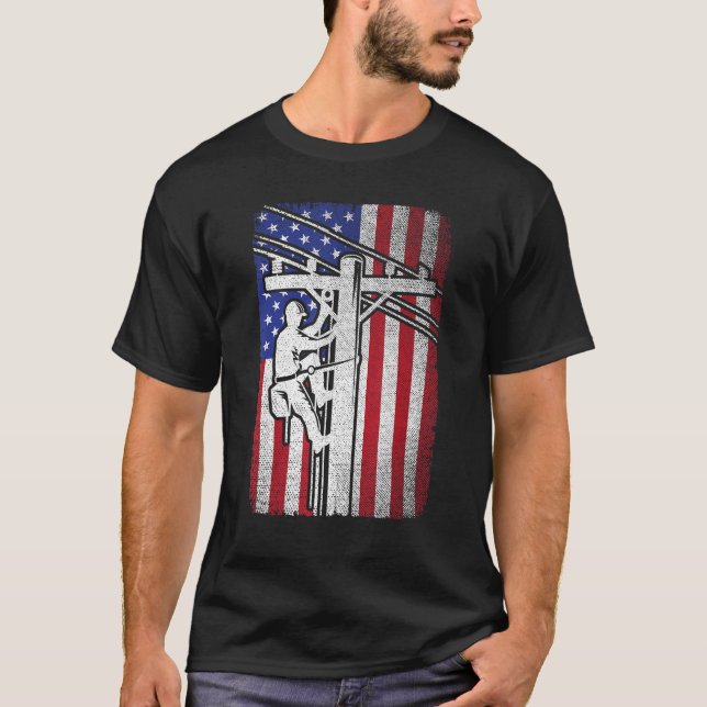 Lineman American Flag Electric Cable Lineworker T-Shirt (Front)
