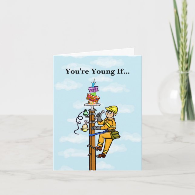 Lineman Birthday Card with Birthday Cake on Pole (Front)