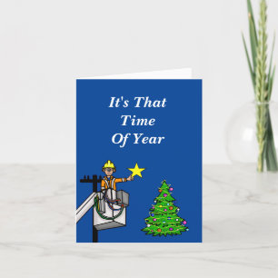 Lineman in Bucket Putting Star on Tree Card