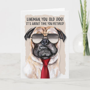 Lineman Retirement Funny Pug Dog Red Necktie Card