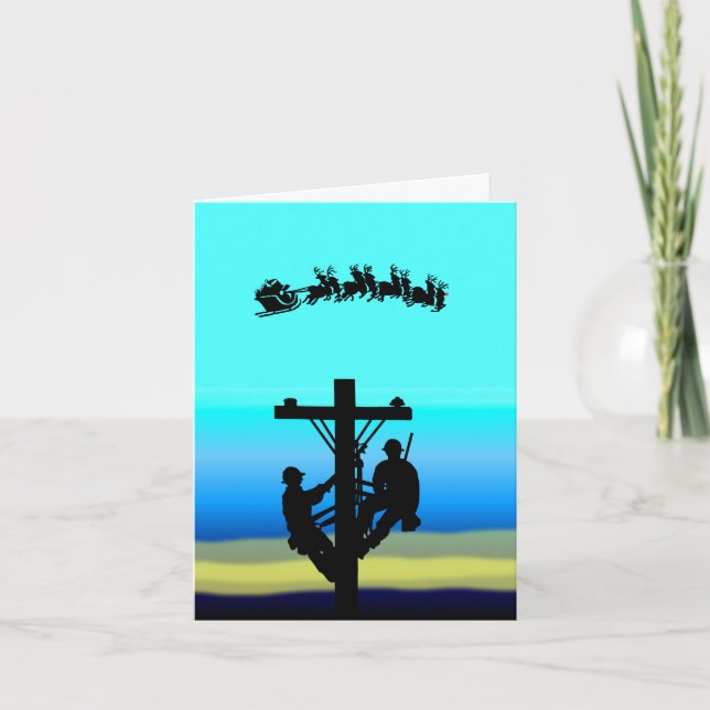 Linemen on Poll Silhouette Christmas Greeting Card (Front)