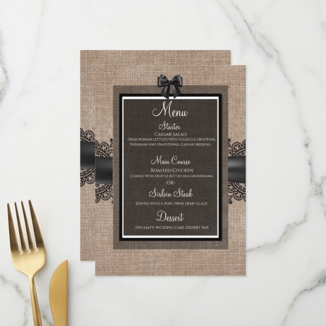 Linen and lace black, white burlap Lenin menu (Front/Back In Situ)