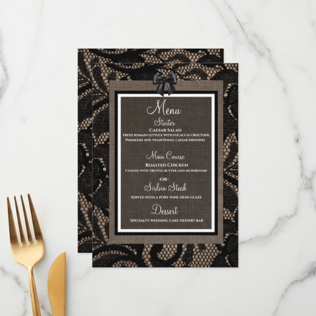 Linen and lace black, white burlap Lenin menu (Front/Back In Situ)