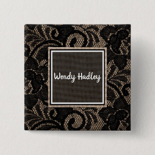 Linen and lace customizable name 15 cm square badge