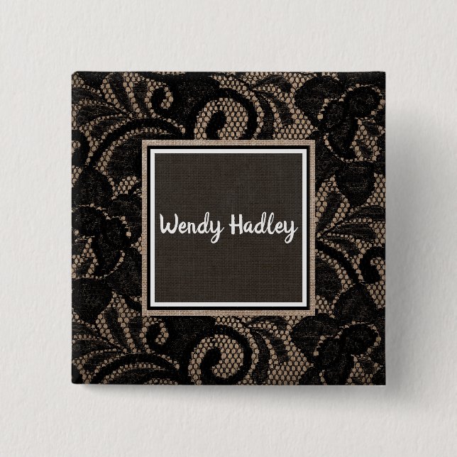 Linen and lace customizable name 15 cm square badge (Front)