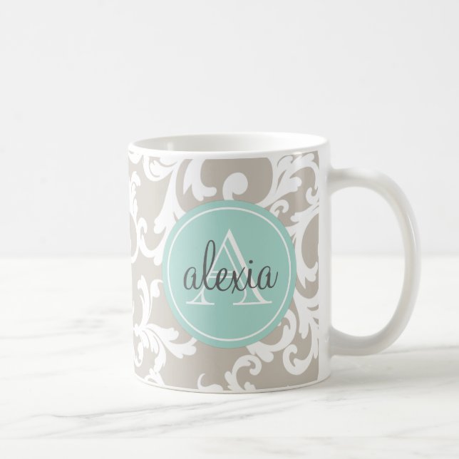 Linen and Mint Monogrammed Damask Print Coffee Mug (Right)