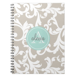 Linen and Mint Monogrammed Damask Print Spiral Notebook